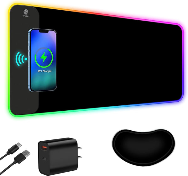 ToLuLu Wireless Charging RGB Gaming Mouse Pad, 15W LED Mouse Mat with 30W Charger, Large Mousepad with Wrist Support,