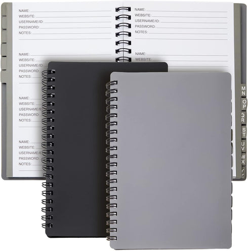 Juvale 2-Pack Spiral Password Keeper Book, Password Notebook with Alphabetical Tabs, Gray/Black (80 Lined Pages)