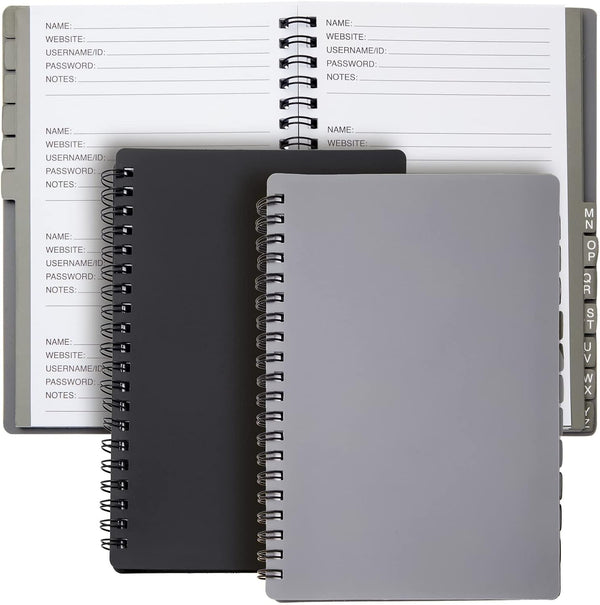 Juvale 2-Pack Spiral Password Keeper Book, Password Notebook with Alphabetical Tabs, Gray/Black (80 Lined Pages)