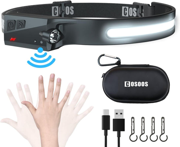 COSOOS LED Headlamp Rechargeable Flashlight & Carry Case, Bright Head Lamp Floodlight & Spot Light for Hiking & Camping