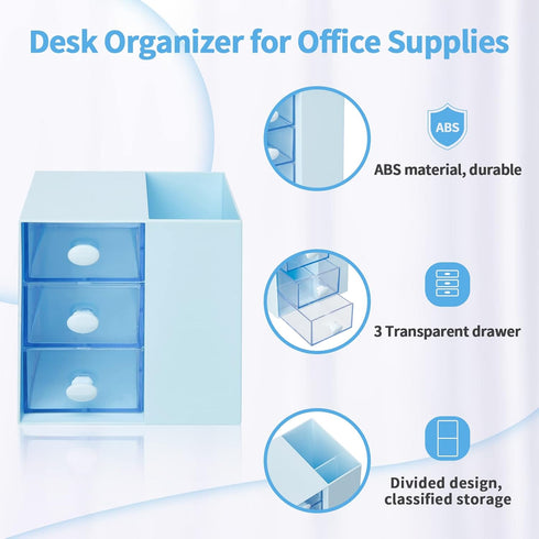 LETURE Small Desk Organizer with Drawer - Office School Storage Box for Card/Pen/Pencil/Stationery, Blue Plastic Makeup