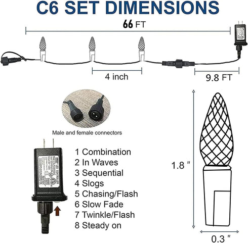 C6 200 66 8 Dazzle Bright Christmas String Lights, LED FT Waterproof Connectable String Lights with Timer, Modes
