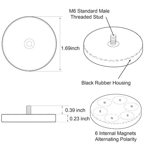 ULIBERMAGNET 4Pack Rubber Coated Neodymium Magnets, Strong 24LB M6 Male Thread Stud, Anti-Scratch Mounting Magnets