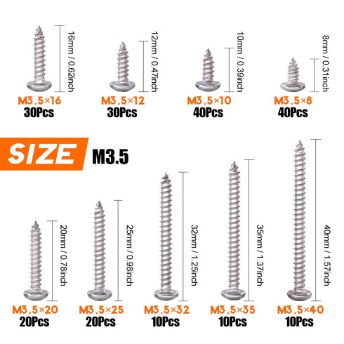 210-Pcs 304 Stainless Steel Round Pan Head Phillips Cross Wood Screws Assortment Kit, # 6 5/16'' to 1-1/2''
