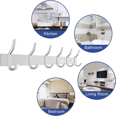 Wall Mounted 16 Inch Coat Hanger Rack, 6 Hooks Aluminum Alloy Silver for Kitchen Bathroom
