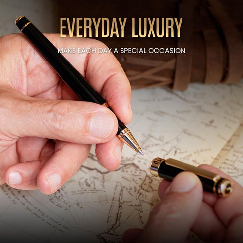 Scriveiner Black Lacquer Rollerball Pen, Luxury Pen with 24K Gold Finish, Schmidt Ink Refill, Best Gift Set for Men