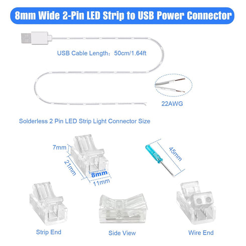 1.64 5v 2Pin 8mm 3-Pack, USB to COB LED Strip Light Solderless Connectors, ft Plug-and-Play USB Power Extension Cable