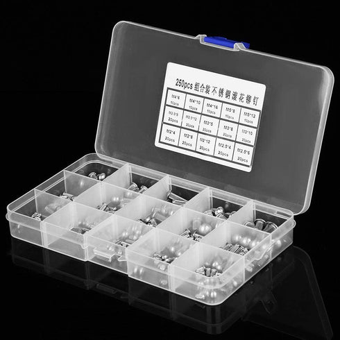 250pcs Round Head Solid Rivets, Knurled Shanks M2 M3 M4 M5 Stainless Steel Fasteners Assortment Kit