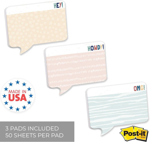 Speech Bubble Shaped Sticky Note Pad Assortment, 6.5" x 5" Modern Sticky Notes, Set of Three Multi-Color Designs, Made