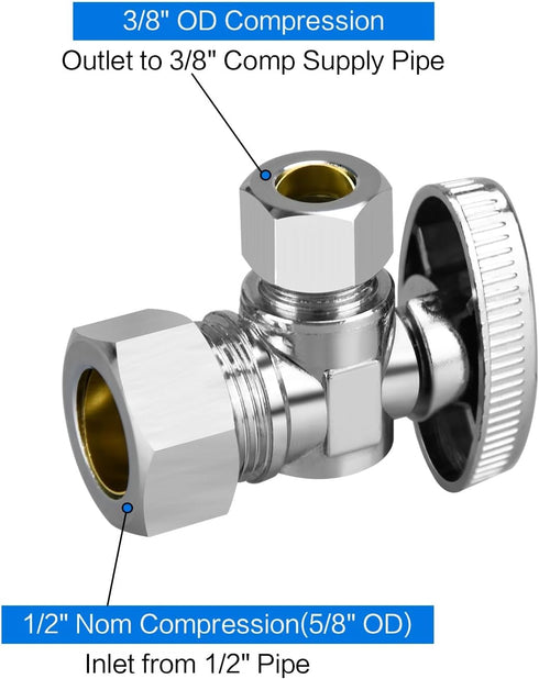 1/2" 3/8" Angle Stop Valve, Chrome Plated Brass for Kitchen, Faucet, Toilet Valves, 1/4 Turn