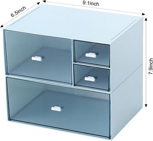 Desk Organizer with 4 Drawers, Makeup Storage Box, Plastic Sundries Organizer for Bathroom Counter or Dresser, Blue