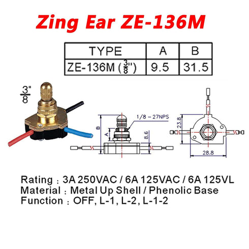 Zing Ear ZE-136M 3/8 Two Circuit 3-Way Rotary Button Switch, Brass Replacement Part for Lamps