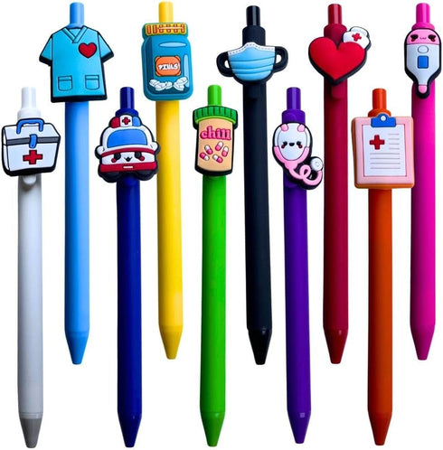 YJ PREMIUMS 10-Pack Cute Nursing Pens with Heart, Syringe Designs in Black Ink for Nurses