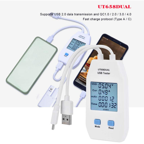 USB Meter, Digital LCD Display Voltmeter Ammeter Detector Power Tester Multimeter for Measuring Voltage, Current, Capacity, Energy, Resistance, Capacitance(UT658 Dual)