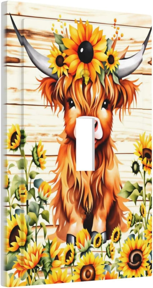 HTSAHKV 3 5 Inch Sunflower Highland Cow Wall Plate Light Switch Cover Single Gang Outlet Faceplate Print Plate Cover X