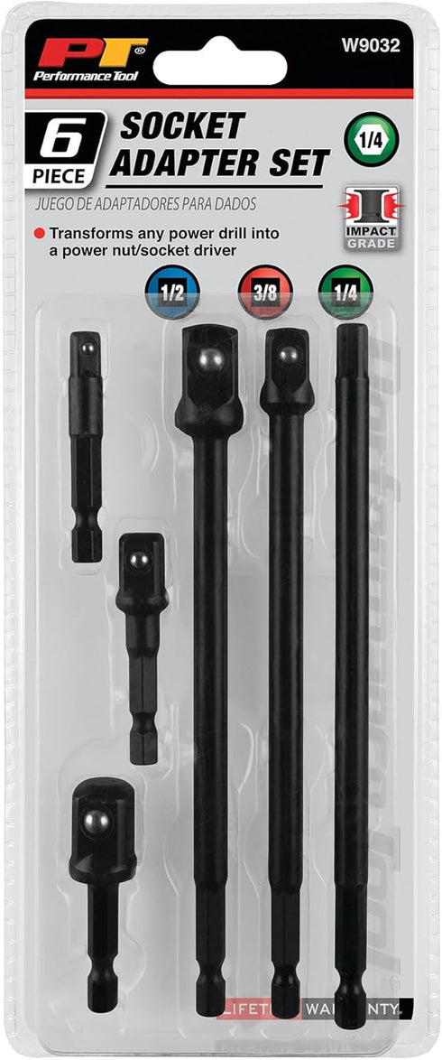 Performance Tool W9032 Socket Adapter Set, 2" and 6" Impact Grade Steel, 6 Pieces for Versatile Compatibility