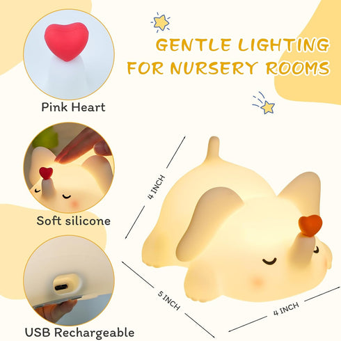 FRDEV 3-Level Dimmable, Elephant Night Light for Kids, Silicone Squishy Lamp with Touch Control Auto-Off Timer