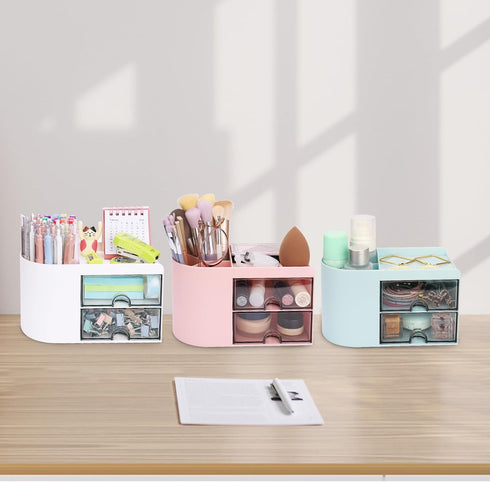 Desk Organizer with Drawer, Small Pink Pen Organizer, 2 Drawers + 4 Compartments for Office Home Storage