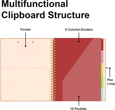 Clipboard Folio with Refillable Lined Notepad for Letter Size 8.5 x 11, 10 Pockets, Rose Gold Clipboards