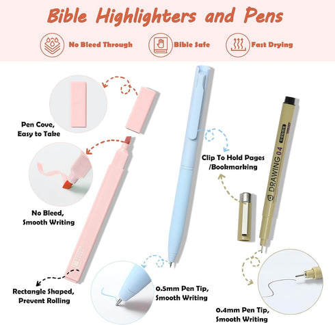 Bible Journaling Kit, Highlighters and Pens No Bleed, Laminated Tabs, Sticky Notes, Pencil Case, Study Supplies