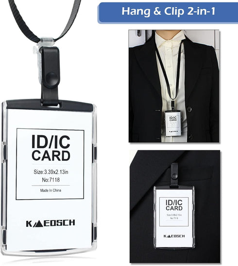 Badge Holder with Adjustable Lanyard, Heavy Duty Hard Plastic ID Card Holder, KMEOSCH 2 Vertical Holders (Black)