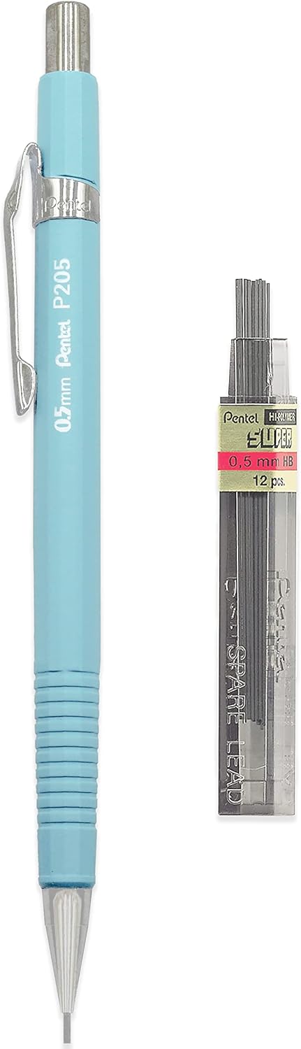 Pentel P205-97C Mechanical Pencil, Pastel Floral Range, Forget Me Not (Pastel Blue) + 12 HB 0.5mm Refill Leads