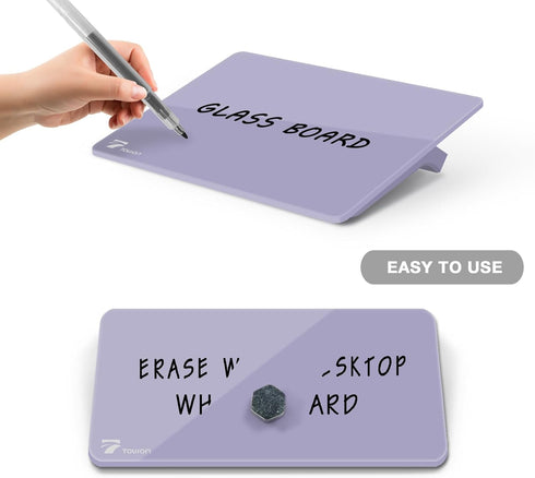 TOWON Small Glass Dry Erase Board, Mini Desk White Board with Easel Pad Set, 8 x 6 Inches, Purple