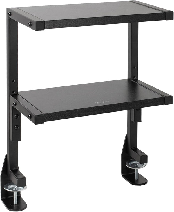 VIVO Clamp-on 2-Tier Shelving Unit, 13 Inch Above or Below Desk for Table Accessories, Gaming Devices, Black,