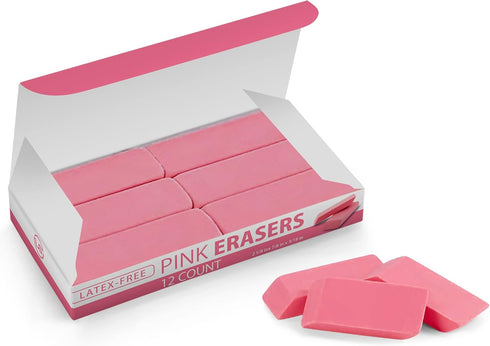 Pink Erasers for Kids, Rubber Eraser, 12 Count, Bulk Erasers for School Supplies, Art, and Office Use