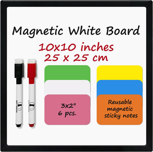 White Board Kit - 10 x 10" Whiteboard with 2 Dry Erase Markers, 6 Magnetic Notes - Double-sided Wall Hanging Board