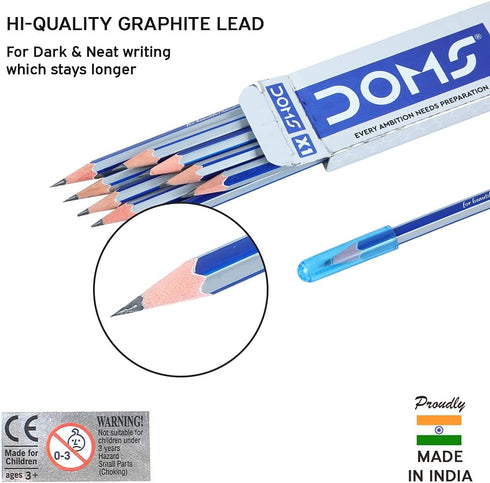 Doms X1 X-Tra Super Dark Pencils, 1 Pack - 10 Pencils + Eraser, Sharpener, Protection Cap