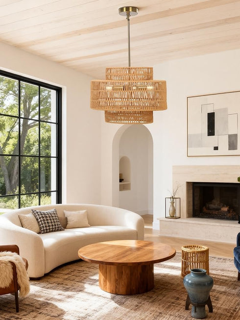 18" 3-Tier Boho Rattan Chandelier Light Shade, Hand Woven Drum Rattan Lampshade for Kitchen Island Dining Room Living