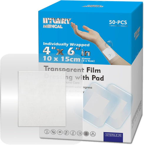Waterproof Transparent Film Dressing with Absorbent Pad 50-Pack Sterile Adhesive Bandages Post-Surgical