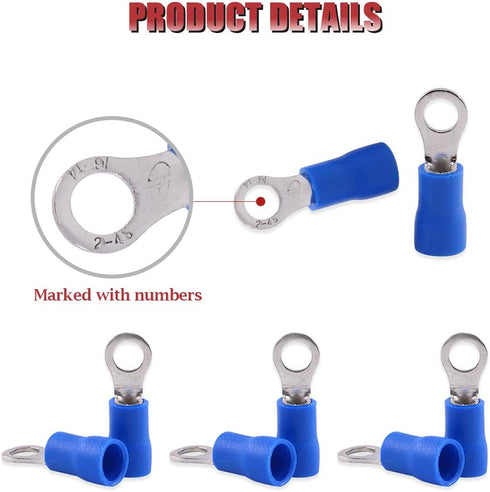 Hilitchi 100Pcs 16-14AWG Insulated Terminals Ring Electrical Wire Crimp Connectors (Blue, M4)