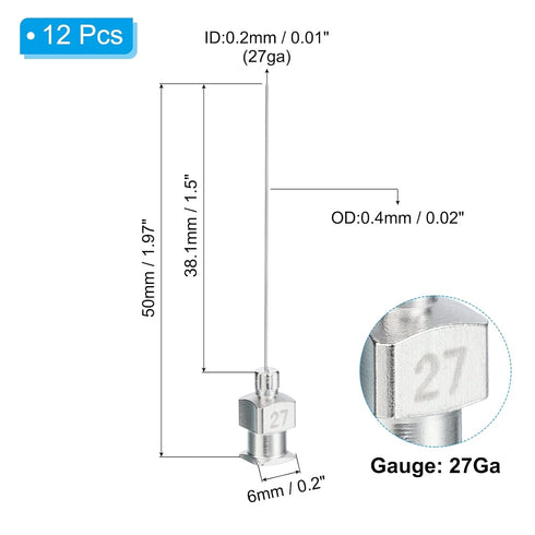 PATIKIL 27Ga x 1.5 Inch Stainless Steel Dispensing Needle Tips, 12Pcs Metal Glue Needle Tube Blunt Tips Luer Lock for Thick Glue Ink Lab, Silver