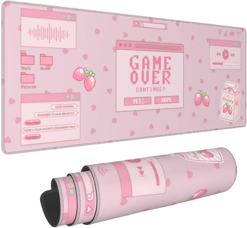 Pink Game Strawberry Milk Gaming Mouse Pad XL, Large Extended Mousepad Desk Pad, Long Nonslip Rubber Mice Mats Stitched Edges Playmat for Office Home Gamer, 31.5x11.8 Inch by MOLIAN