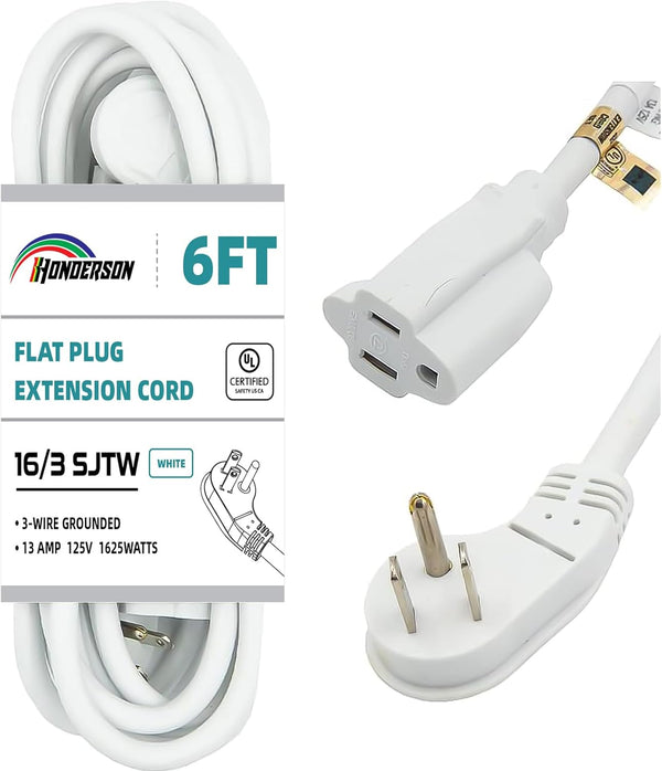6FT Extension Cord, Flat Plug 3 Prong Short Extension Cords, White 16 Gauge Heavy Duty Cable for Kitchen Home