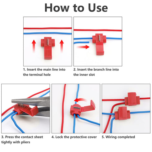 100pcs Solderless Quick Splice Snap Wire Connectors, 22-18 AWG Red Cold Pressed Insulated Electric Crimp