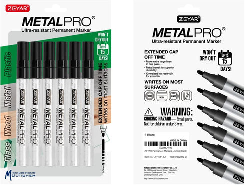 ZEYAR Permanent Markers, Bullet Tip, Aluminum Barrel, Waterproof and Smear-Proof, Quick Drying ink- Great on Plastic,Wood,Stone,Metal and Glass for Doodling and Marking (6 Black Color) by ZEYAR