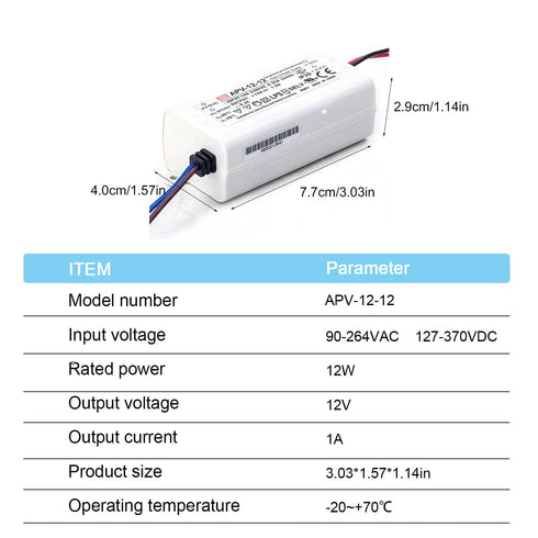DineDeck APV-12-12 12W 12V 1A Single Output AC/DC Switching Power Supply - Universal Input, Compact Design - Ideal