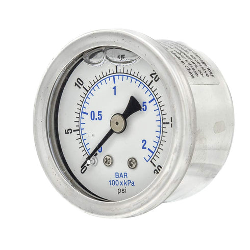 PIC Gauges 202L-158C Pressure Gauge, Center Back Mount, 1.5" Dial, 0/30 psi Range, 1/8" Male NPT, Glycerine Filled