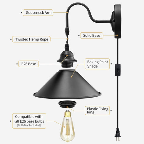 Set 2 Plug in Wall Sconces, Vintage Plug in Wall Lamp of with On/Off Switch, Metal Black Industrial Wall Mounted Light
