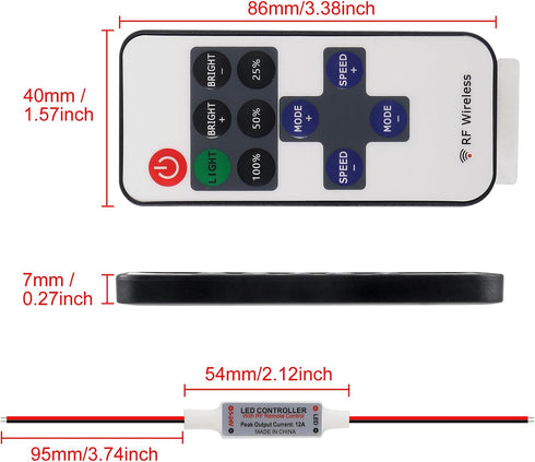 ACEIRMC 4pcs 11 5-24 3528 5050 Dimmer (11 RF Mini Wireless Remote Controller Key with DC V for Single Color LED Strip