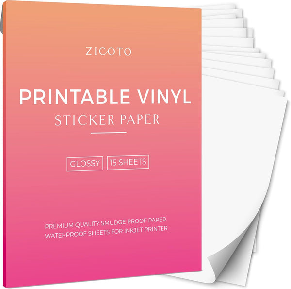 ZICOTO Premium Printable Vinyl Sticker Paper, Glossy White 8.5 x 11 inch Sheets for Inkjet or Laser Printer