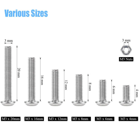 DYWISHKEY 360 Pieces M3 Stainless Steel 304 Hex Button Head Cap Bolts Screws and Nuts Kit