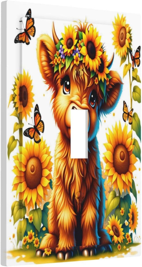 HTSAHKV 3 5 Inch Highland Cow Sunflower Wall Plate Light Switch Cover Single Gang Outlet Faceplate Print Plate Cover X