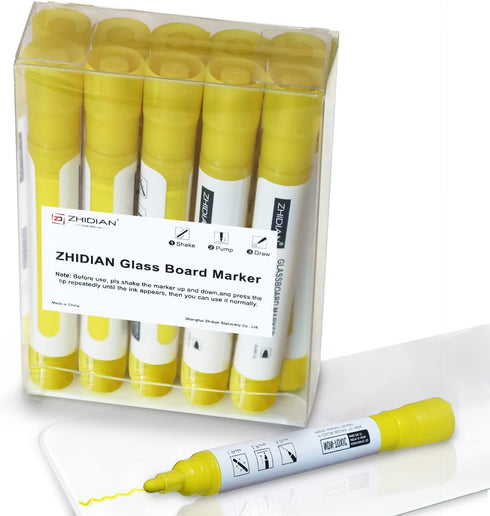 Yellow Glass Window Markers, Bold Wet & Dry Erase Marker Pens for Whiteboards, 10 Pack Liquid Chalk