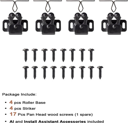 4 PCS Cabinet Latch Double Roller Catch Hardware for Cupboard Closet Kitchen Cabinet Door Latches and Catches, Black Nickel