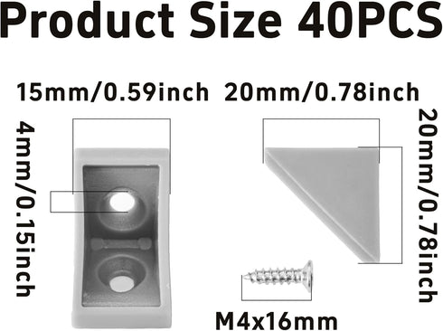 bociloy 40PCS 20x20x15mm 90 2 Plastic Corner Braces, Degree Small L-Shaped Brackets, Holes Right Angle Shelf Brackets