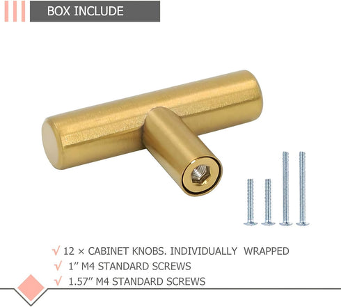 LONTAN 12 Pack Gold Drawer Knobs for Dresser Kitchen Cabinets, Brushed Brass T Bar Knobs, 2 Inch Length